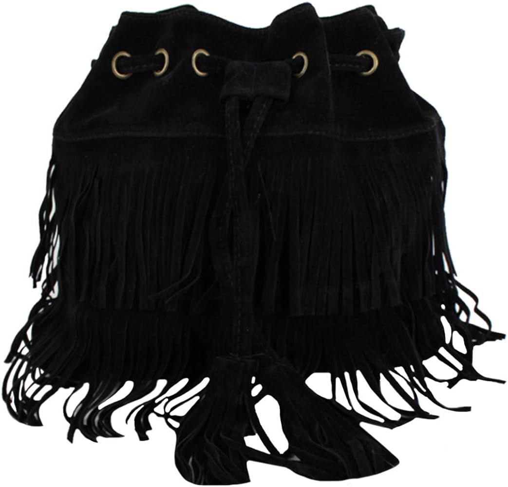 CLARA Women Faux Suede Tassel Fringe Bucket Bag Hippie Shoulder Bag Crossbody Bag | Amazon (US)