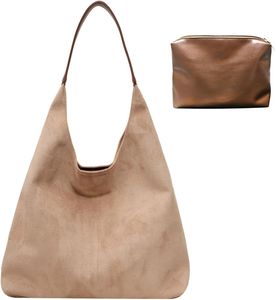 Suede Bags for Women - Brown Suede Tote and Shoulder Bag with Zipper Purse | Amazon (US)