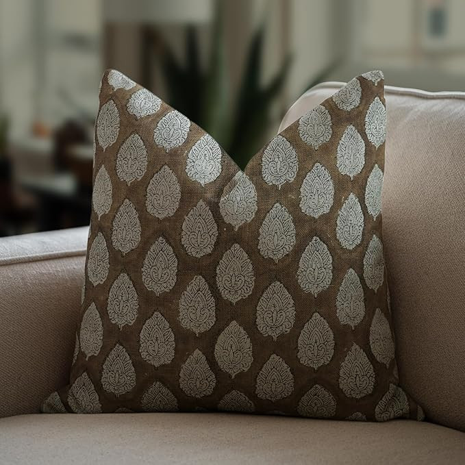 Hand Block Print Thick Linen Throw Vintage Pillowcase Cushion Cover 14"X14" Spring Fall Decoratio... | Amazon (US)