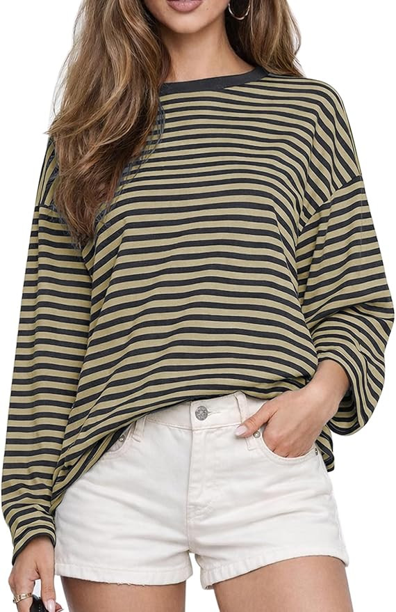 CHYRII Women Oversized Striped Long Sleeve T Shirt Fashion 2026 Crewneck Casual Fall Spring Tops ... | Amazon (US)
