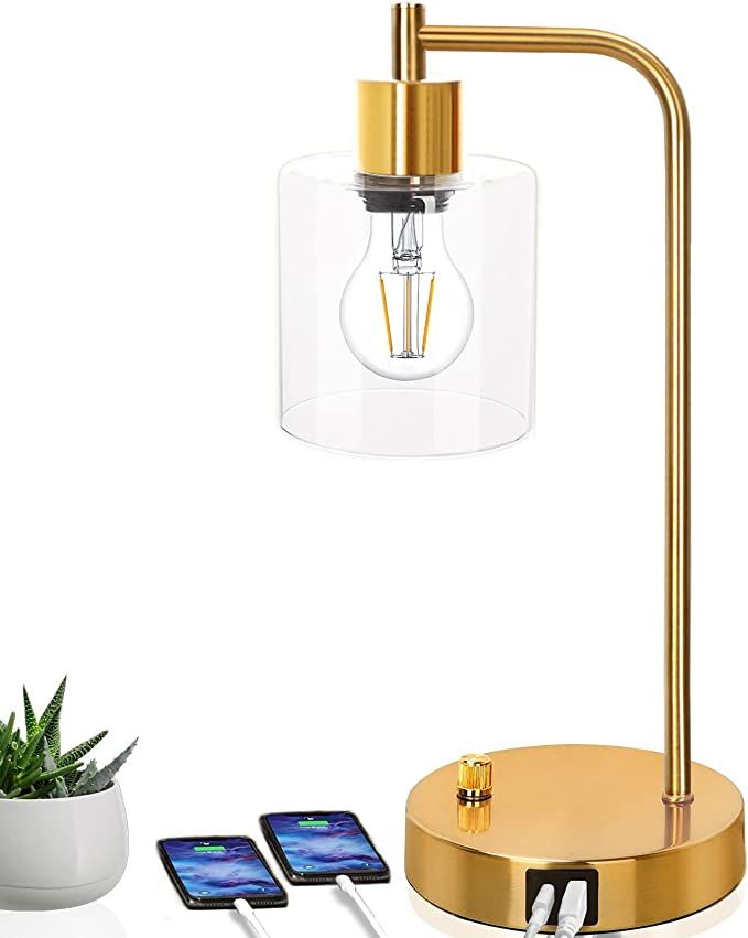 Gold Industrial Table Lamp with 2 USB Ports, Elizabeth Vintage Bedside Reading Lamp, 3-Way Dimmab... | Amazon (US)