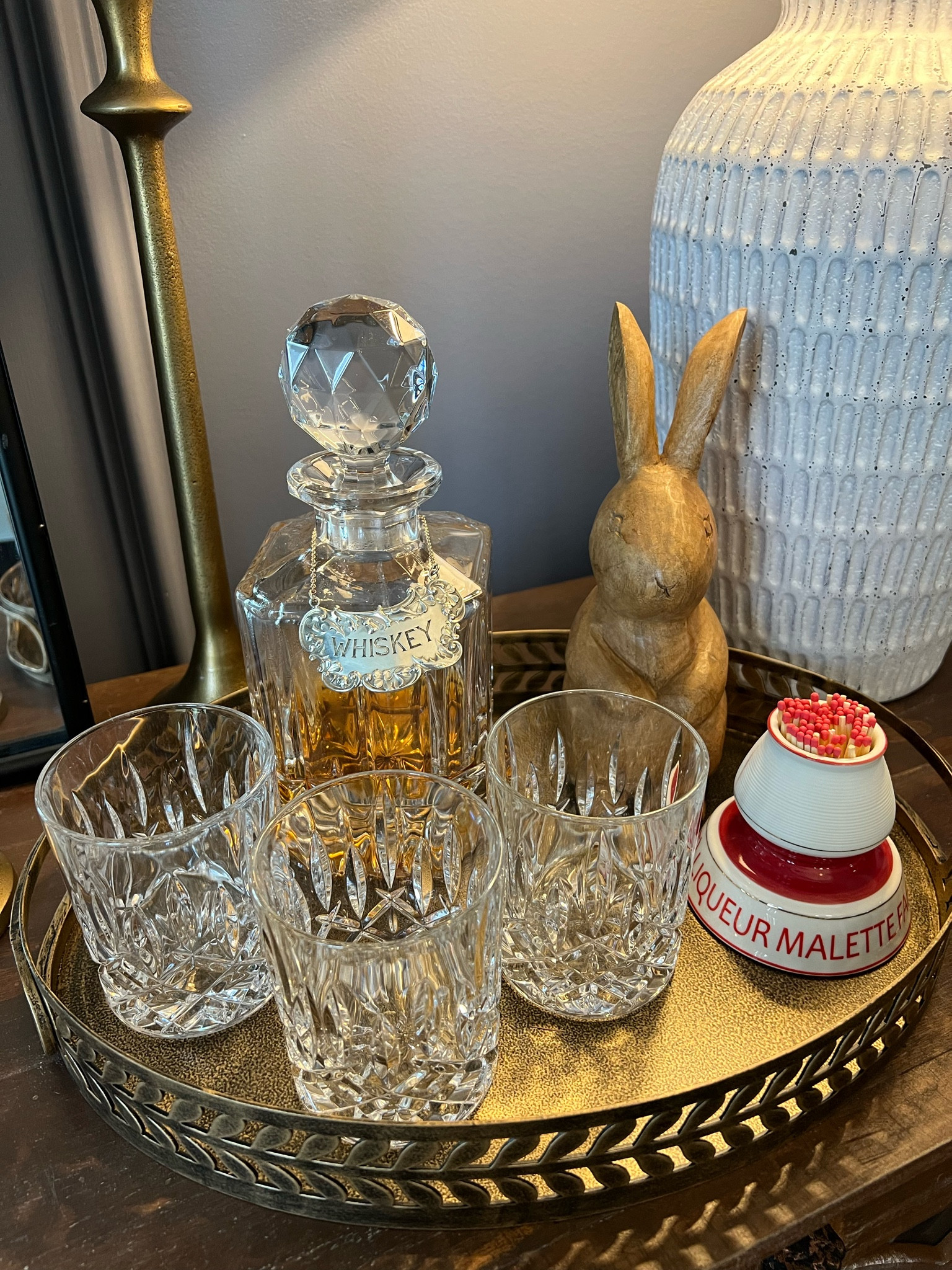 Close up of our little whiskey station!! I got this whiskey decanter label at a local store here but found some similar and any decanter and rocks glasses will help you achieve this look. 

#LTKfindsunder100 #LTKmens #LTKhome