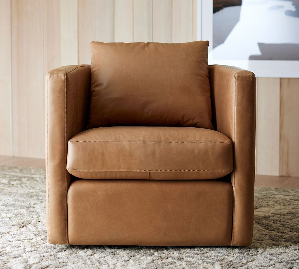Ayden Barrel Back Leather Swivel Armchair | Pottery Barn (US)