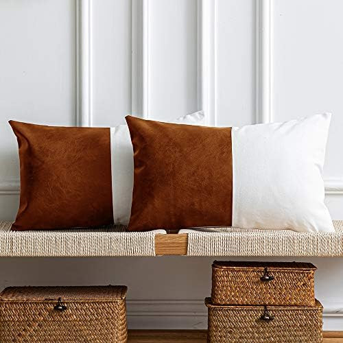 DEZENE Leather Throw Pillow Covers, Set of 2 Modern Leather/Cotton Decorative Pillowcases for Home D | Amazon (US)