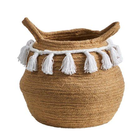 11 In. Natural Boho Chic Handmade Cotton Woven Basket Planter With Tassels | Walmart (US)
