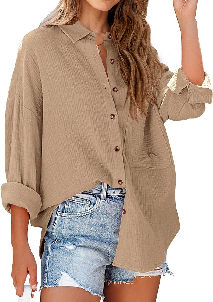 NOLLSOM Casual Shirts for Women Long Sleeve Button Down Blouses Fall 2024 Solid Color Trendy Tops... | Amazon (US)