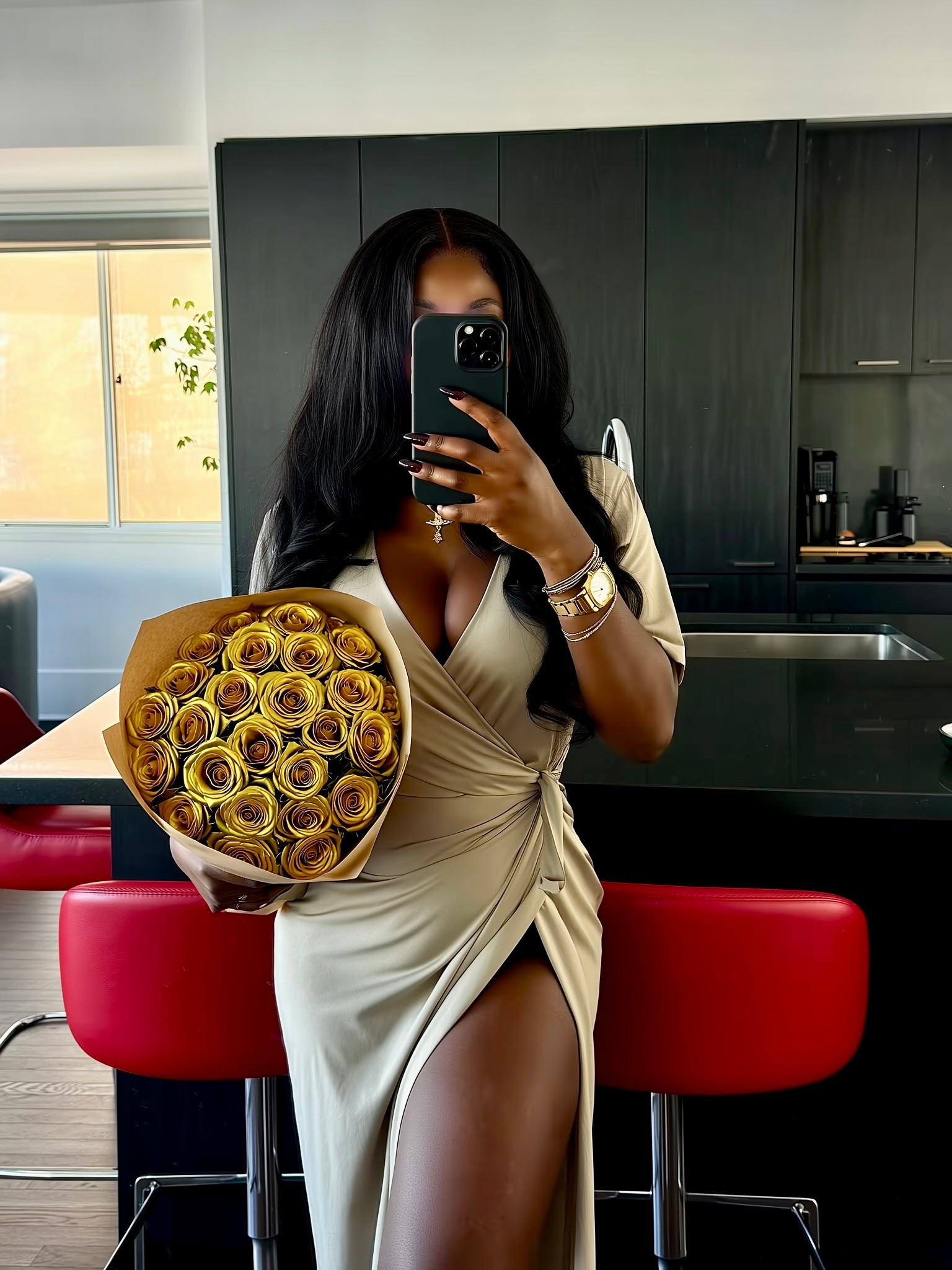 Elegant Mirror Selfie with Roses and Neutral Wrap Dress Inspo | AI Twin