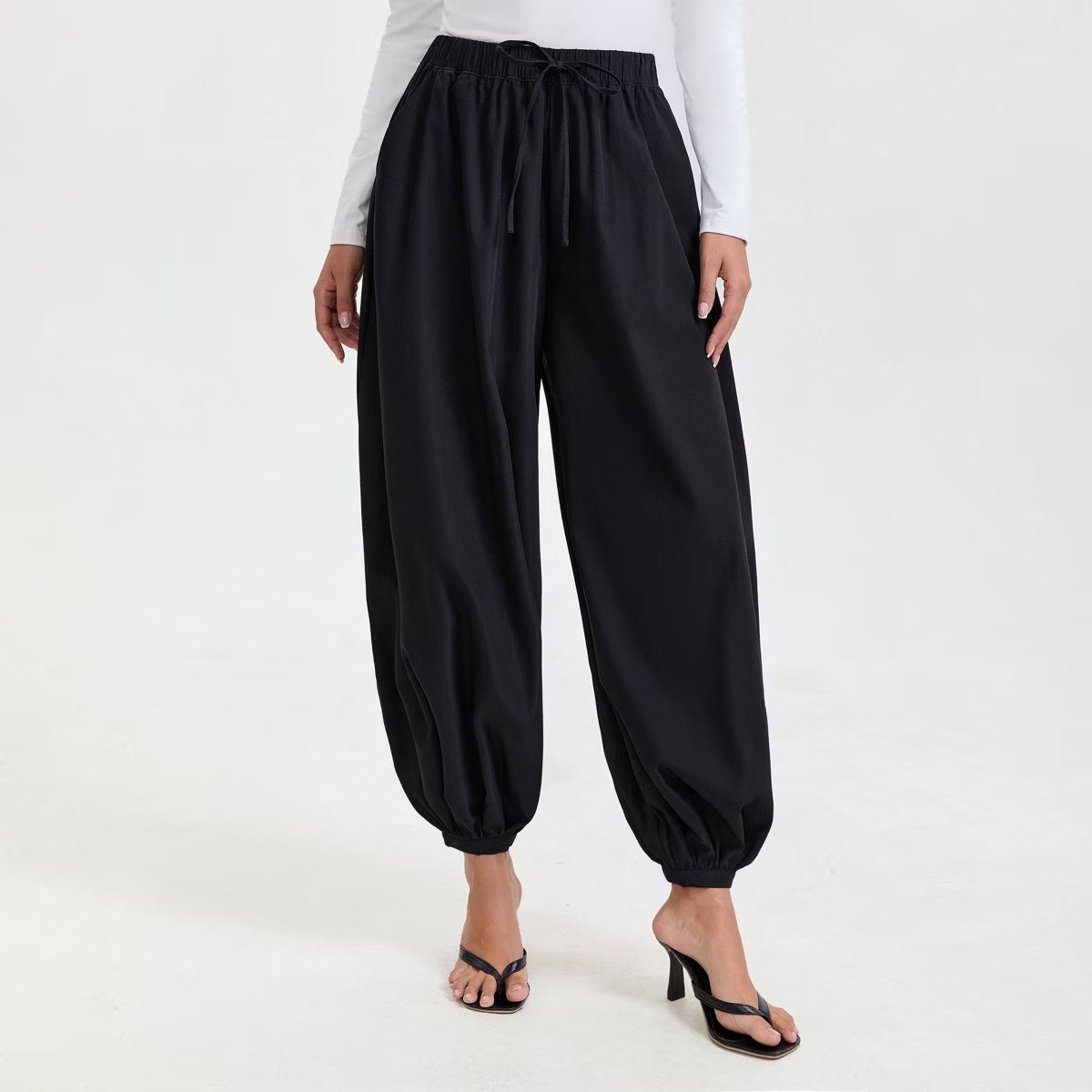 Women's Mid-Rise Waisted Drawstring Balloon Pants - A New Day™ Black | Target