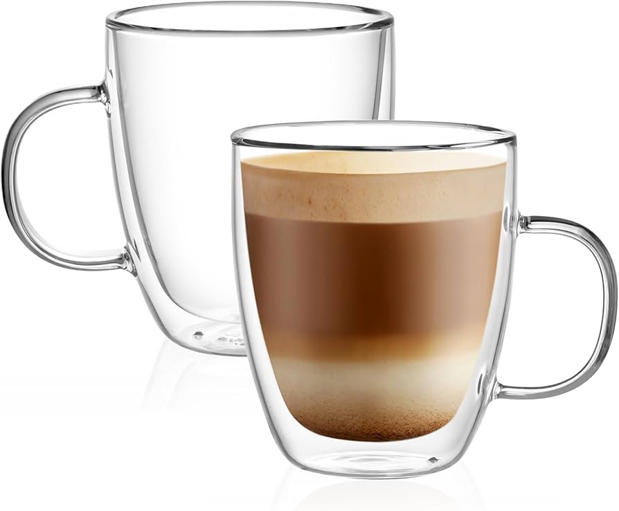 CNGLASS Double Wall Glass Coffee Mugs 12 oz,Insulated Glass Coffee Cups with Handle,Clear Espress... | Amazon (US)