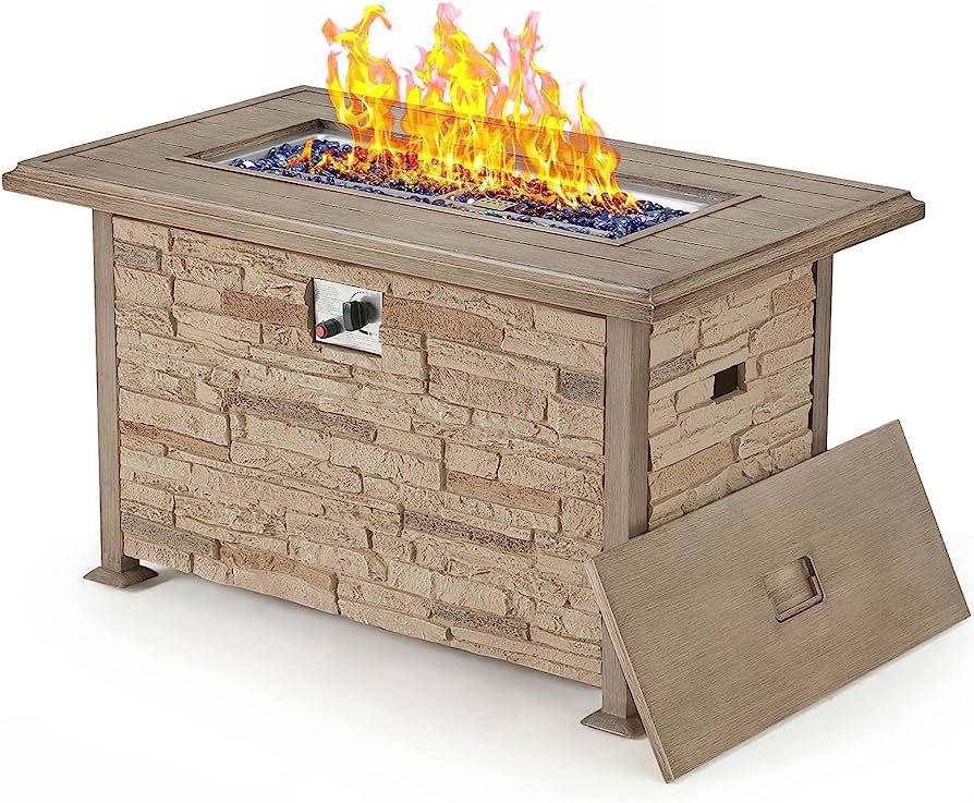 Vicluke 44 Inch Aluminum Propane Fire Pit Table w/ Faux Ledgestone, Hand-Painted Table Top, 50,00... | Amazon (US)