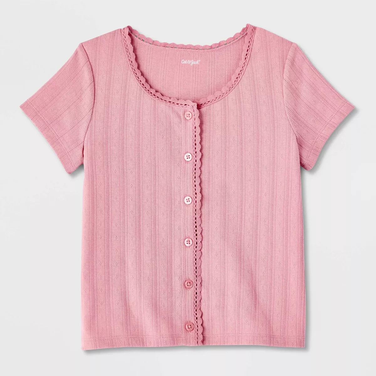 Girls' Short Sleeve Pointelle Lace Trim Button-Down T-Shirt - Cat & Jack\u2122 Mauve S | Target