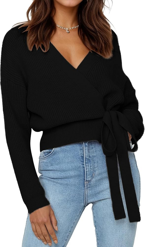 Women’s Wrap Top Cropped Sweater V-Neck Long Sleeve Ribbed Knit Pullover with Side Tie | Amazon (US)