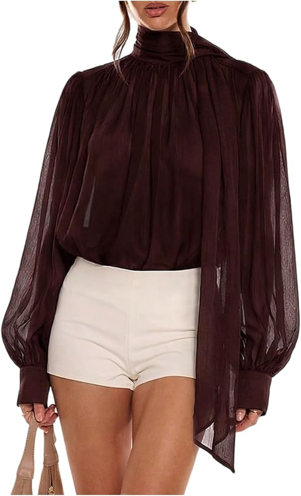 Verdusa Women's Sheer Chiffon Blouses Scarf Top Long Sleeve Shirts | Amazon (US)