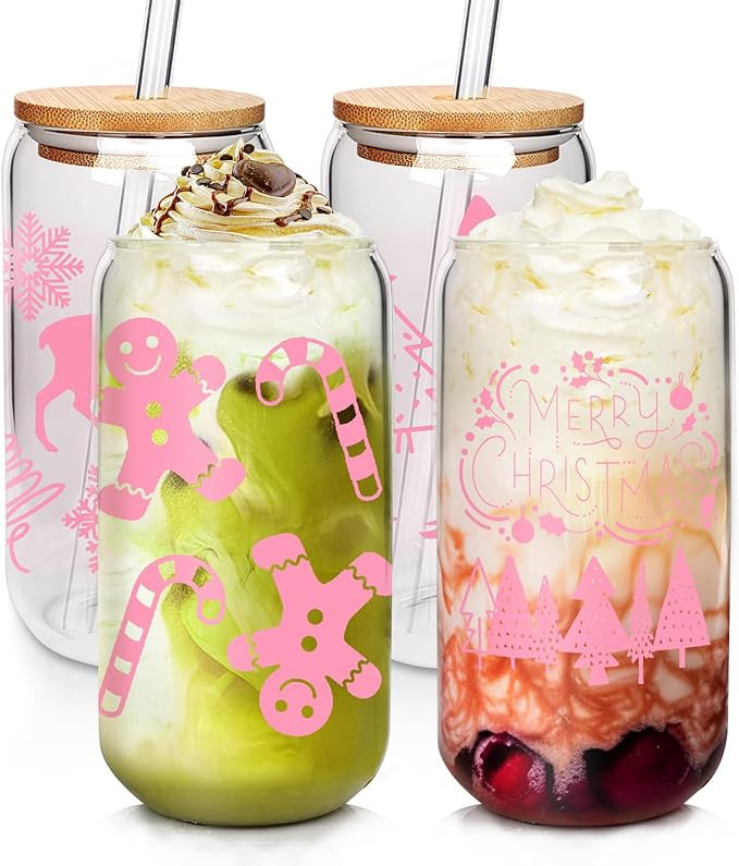 ANOTION Christmas Glass Cups with Lids and Straws - White Elephant Gifts for Adults Unique Teache... | Amazon (US)
