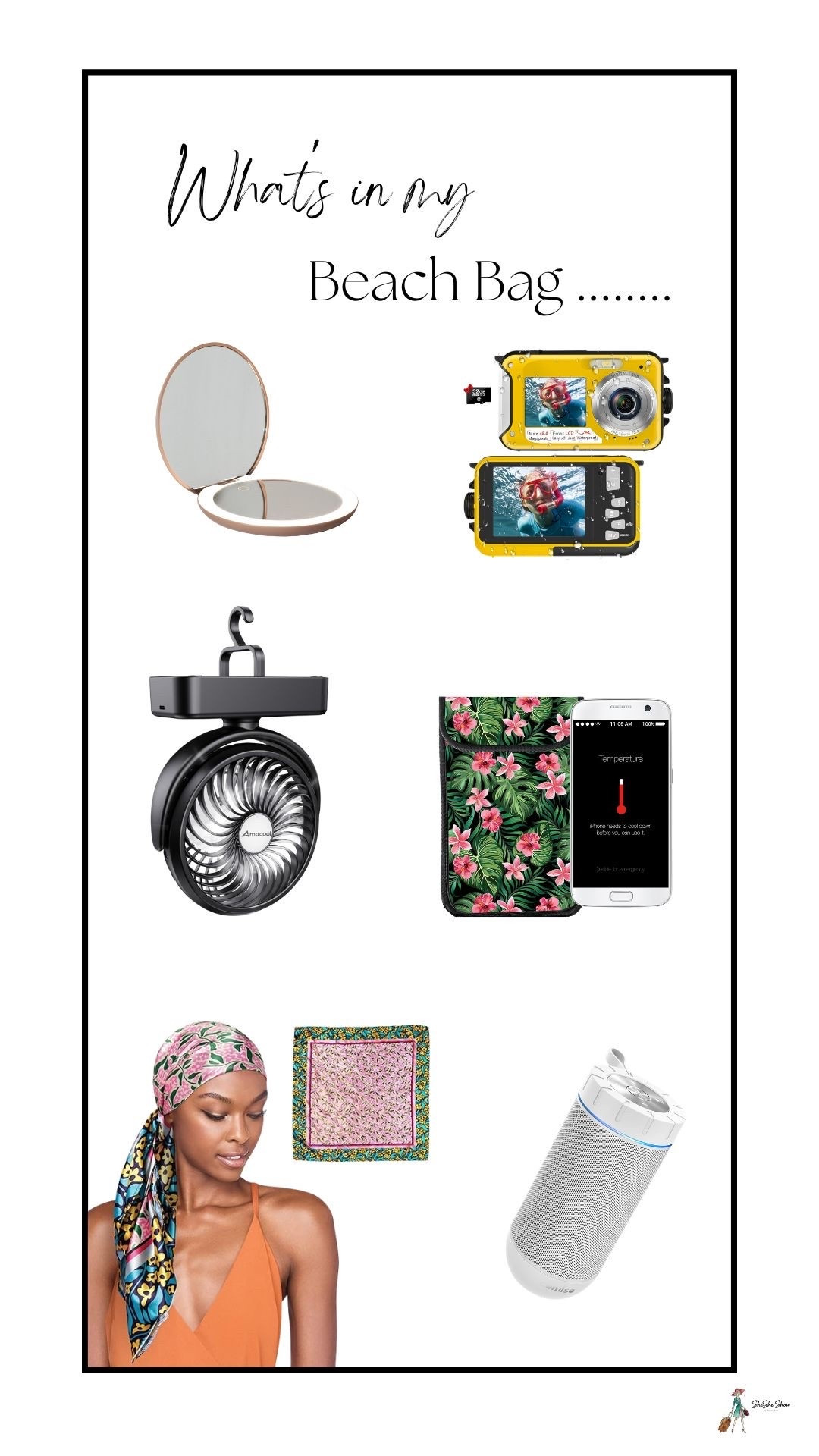 What to pack in your beach - pool bag. 
Mini fan, waterproof camera, magnifing mirror, head card, sarong, coverup, sunglasses, sunscreen, water bottle, speaker, towels, flip flops, phone protector, packable sun hat or visor.

#LTKSeasonal #LTKOver40 #LTKSwim