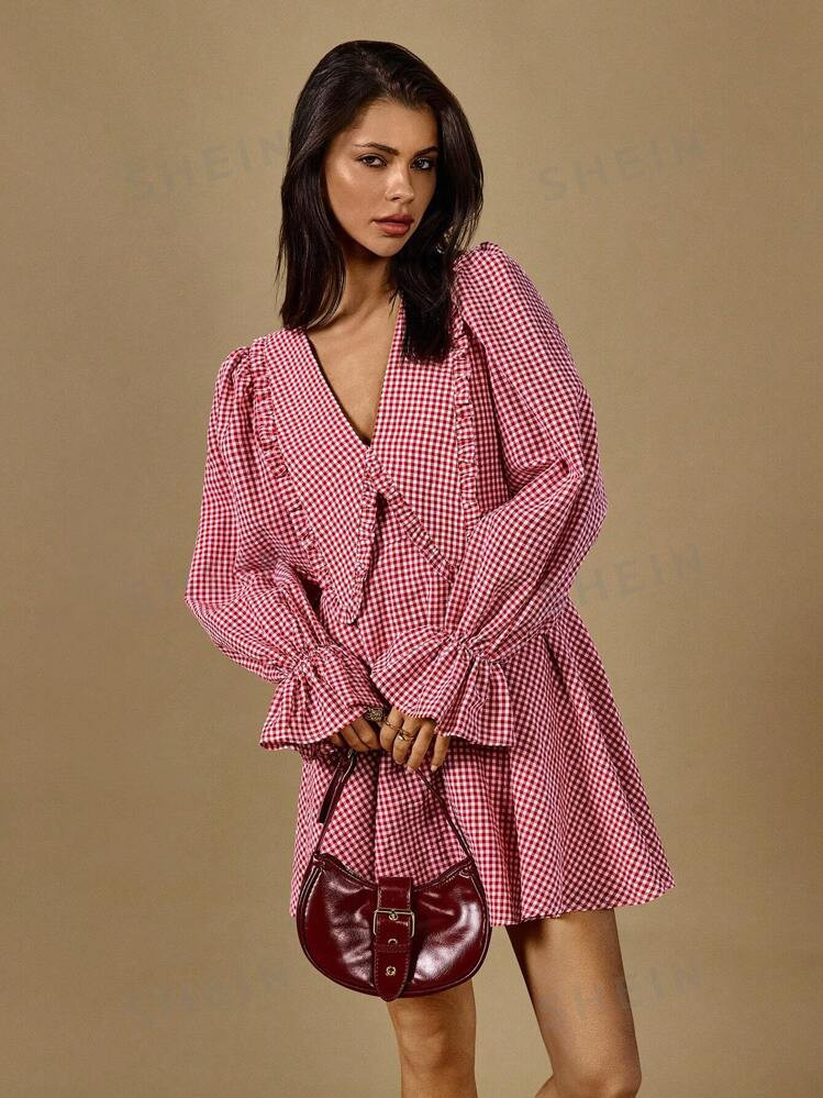 Poéselle Autumn New Plaid Doll Collar Long-Sleeved Women's Dress, Fashionable A-Line Dress, Ruff... | SHEIN