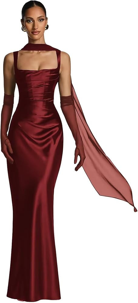 Spaghetti Strap Bridesmaid Dresses Satin Mermaid Prom Dress Square-Neck Wedding Guest Dress M32 | Amazon (US)