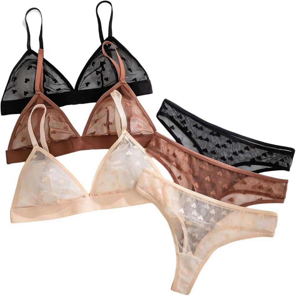 BEAUDRM Women's 3 Pack Floral Print Mesh Lingerie Set Wireless Low Rise Sheer Matching Bra and Pa... | Amazon (US)