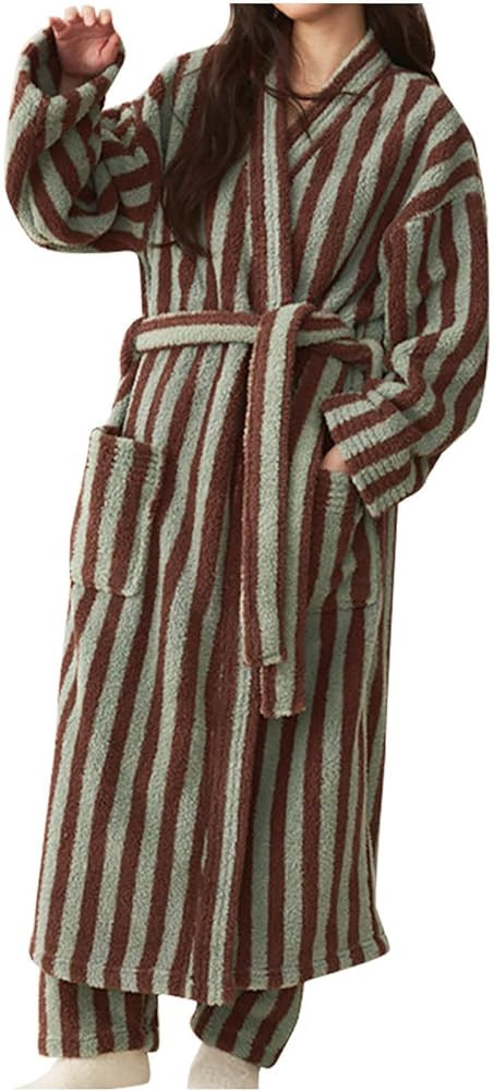 Fluffy Robes for Women Striped Full Length Fleece Terry Cloth Robes Warm Soft Thick Plush Long Ba... | Amazon (US)