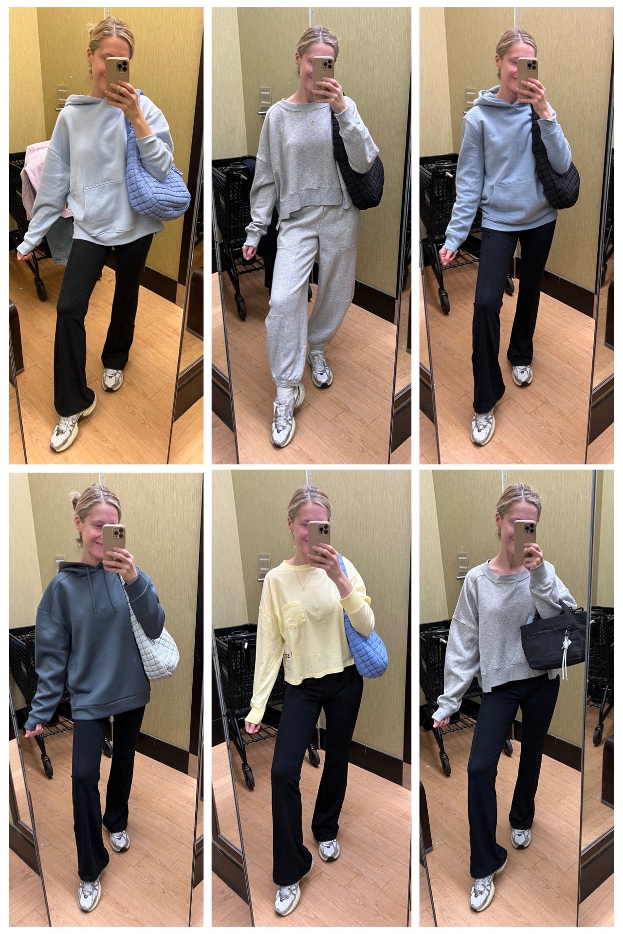 Kohls everyday casual basics on sale! Tall girl friendly flare leggings now $20, I’m in my usual size medium. Top left hoodie size large, middle gray pullover size medium, top right hoodie size small (men’s). bottom left hoodie size medium (men’s), yellow tee size medium, joggers tts small. 