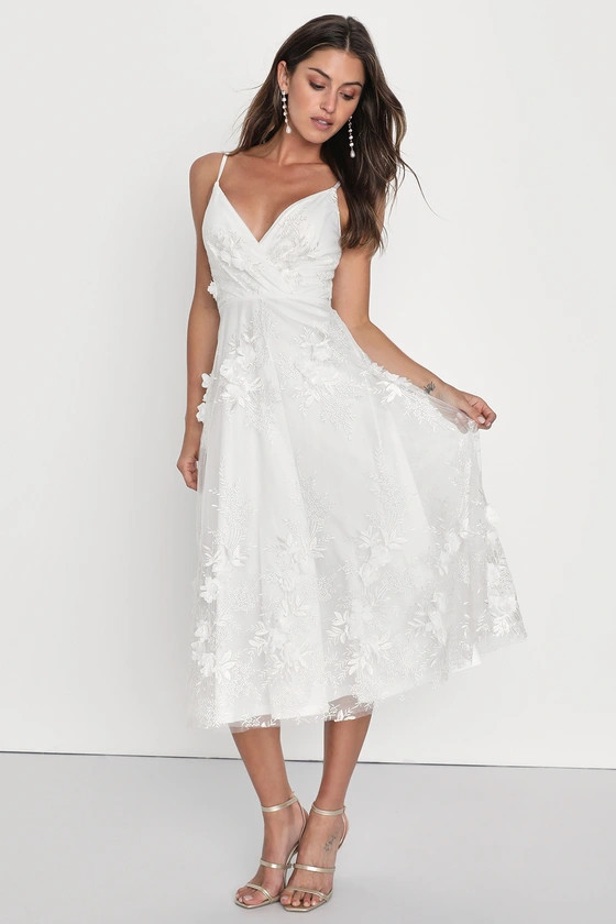 Magical Occasion White Embroidered 3D Applique Midi Dress | Lulus (US)