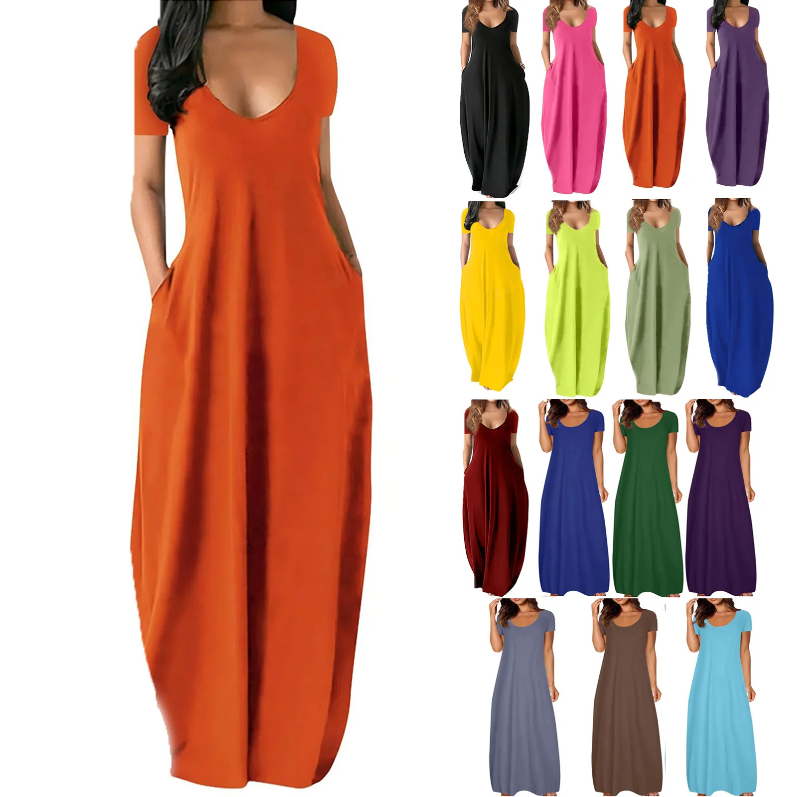 Lenago Women's Summer Dress Plus Size Deep V-Neck Standard-Fit Short Sleeve Solid Maxi Party Dres... | Walmart (US)