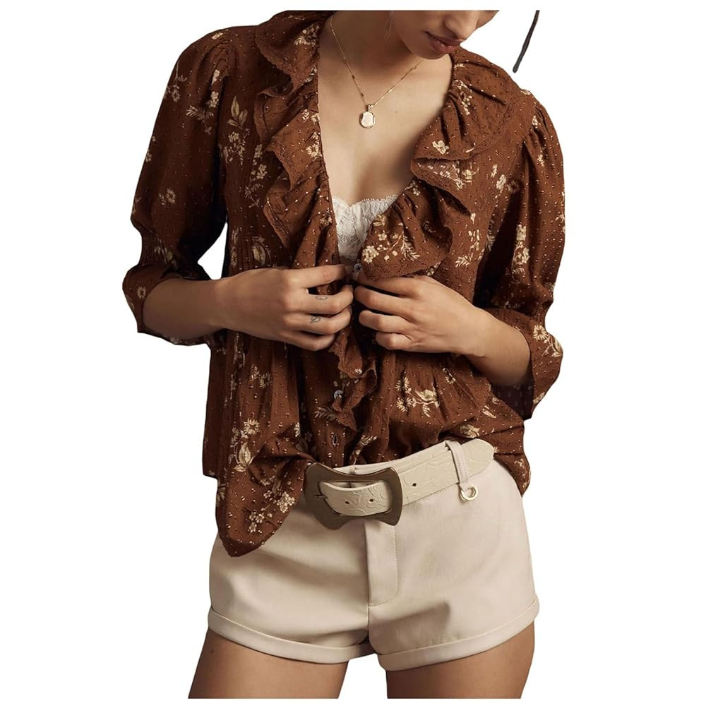 Women Tie Front Boho Top Sheer Lace Ruffle Trim Shirt Short Sleeve Button Down Peasant Blouse Y2k... | Amazon (US)