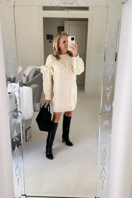 Super lux, fisherman sweater dress from Tuckernuck
Part of their cyber week sale with everything up to 30% off! Fit true to size 
Paired with the best tall black boots

#LTKHoliday #LTKCyberWeek #LTKover40