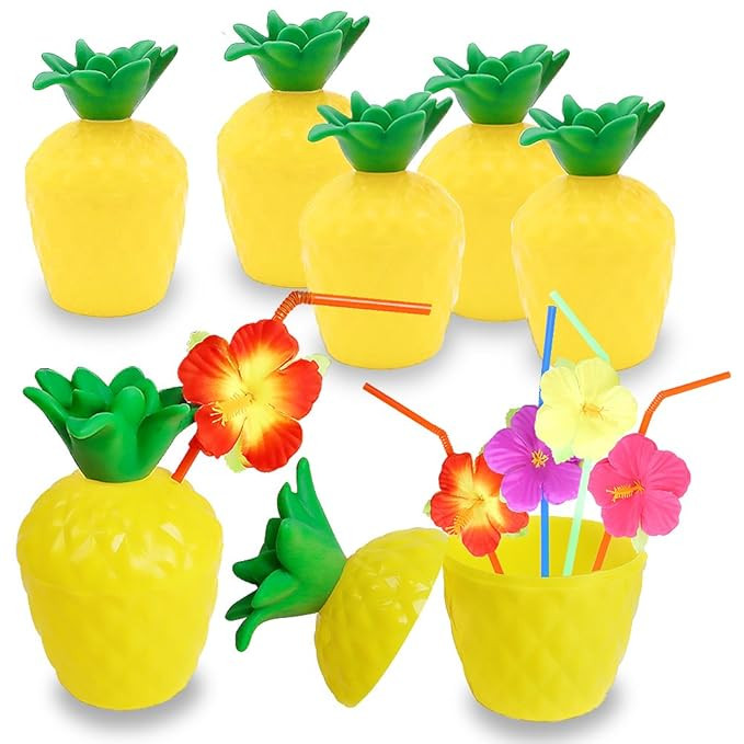FuturePlusX 12PCS 10oz Pineapple Drink Cups with Flower Straws, Plastic Hawaii Party Cups Fun Dri... | Amazon (US)