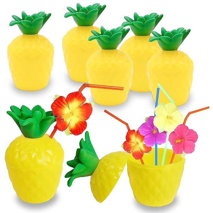 FuturePlusX 12PCS 10oz Pineapple Drink Cups with Flower Straws, Plastic Hawaii Party Cups Fun Dri... | Amazon (US)