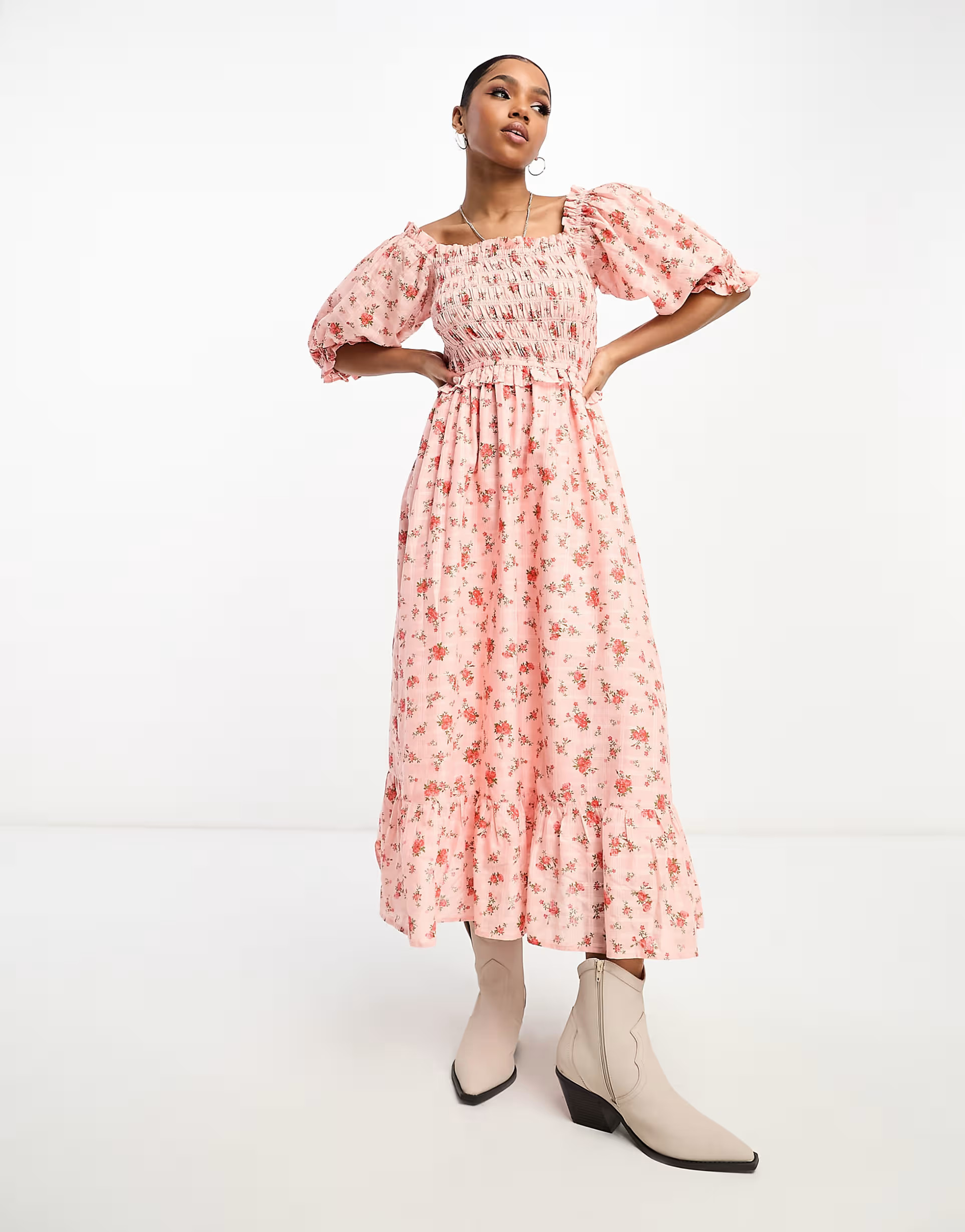 Miss Selfridge textured shirred midi dress in pink ditsy | ASOS (Global)