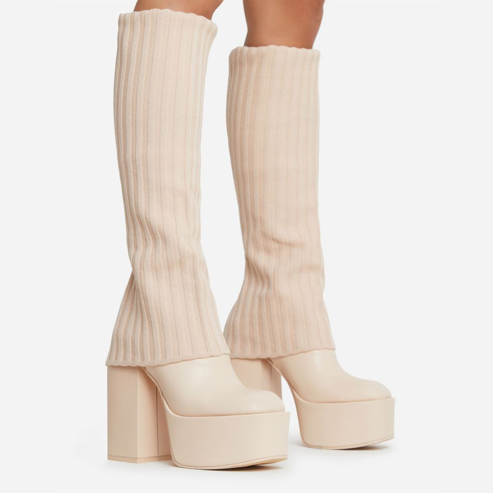 Leila Layered Knit Detail Square Toe Platform Block Heel Calf Boot In Nude Faux Leather | EGO Shoes (US & Canada)