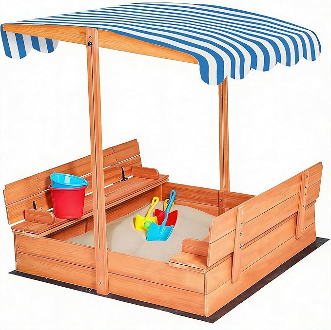 Kids Wooden Sandbox with Cover, Foldable Bench Seats, Retractable Roof, Outdoor Playset, Large Sa... | Amazon (US)