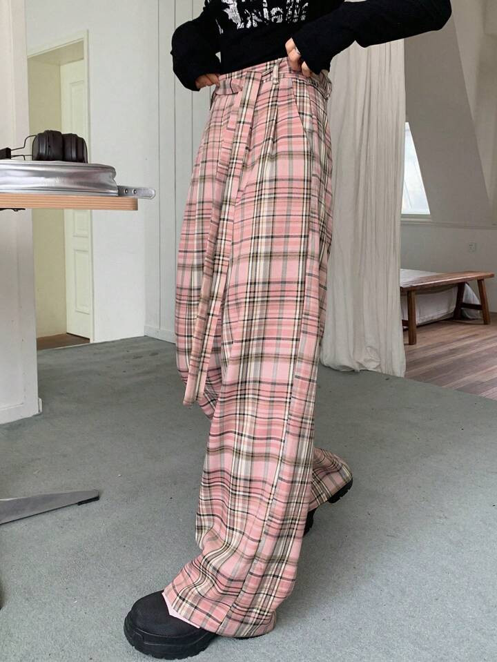 DAZY Plaid Loose Wide Leg Pants With Slant Pocket | SHEIN
