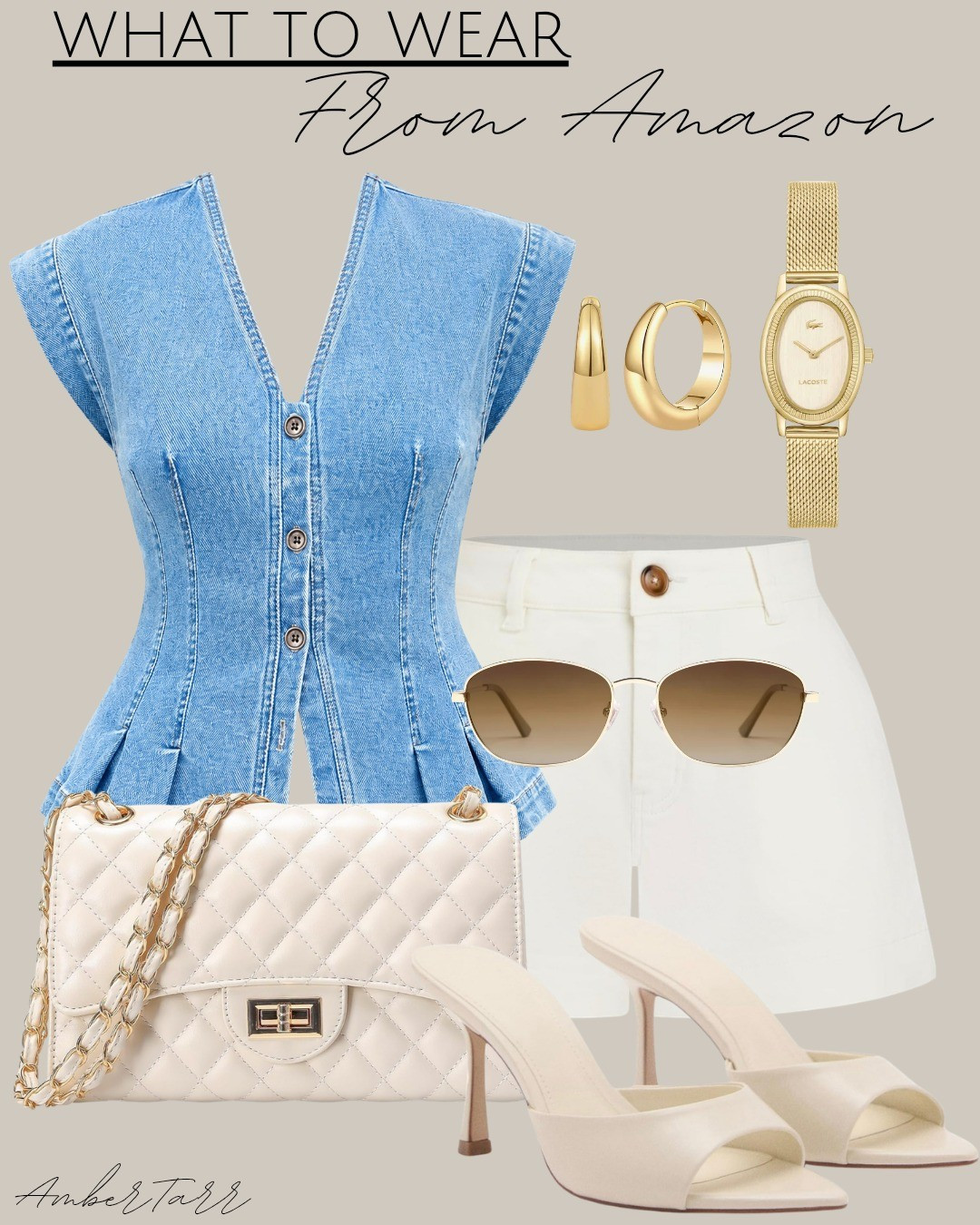 How to style a denim vest with white shorts | Amazon fashion finds | Gold watch and hoop earrings | Minimalist outfit aesthetic

#LTKOver40 #LTKmomlife #LTKootd