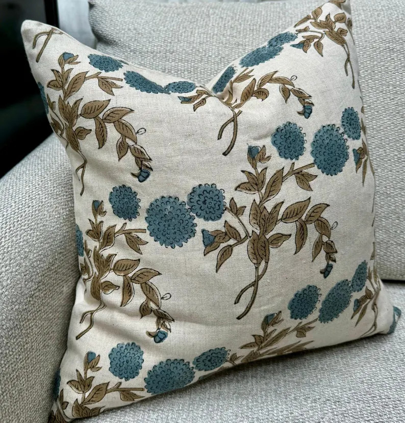 Blue & Beige Block Print Floral Throw Pillow Cover - Stylish Pillow Cover for Modern Traditional ... | Etsy (US)