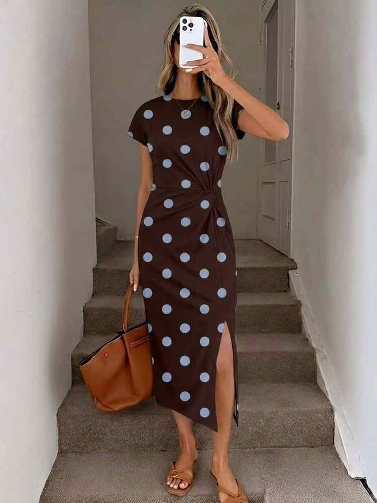 Easowa Brown & Blue Polka Dot Print Elegant Twist Waist High Slit Sleeveless Midi Dress, Women's Casual Knit Texture Bodycon Dress, Women's Birthday Outfit, Women's Fitness Set, Women's Wedding Guest Dress, Women's Office Wear,Summer Dresses For Women | SHEIN
