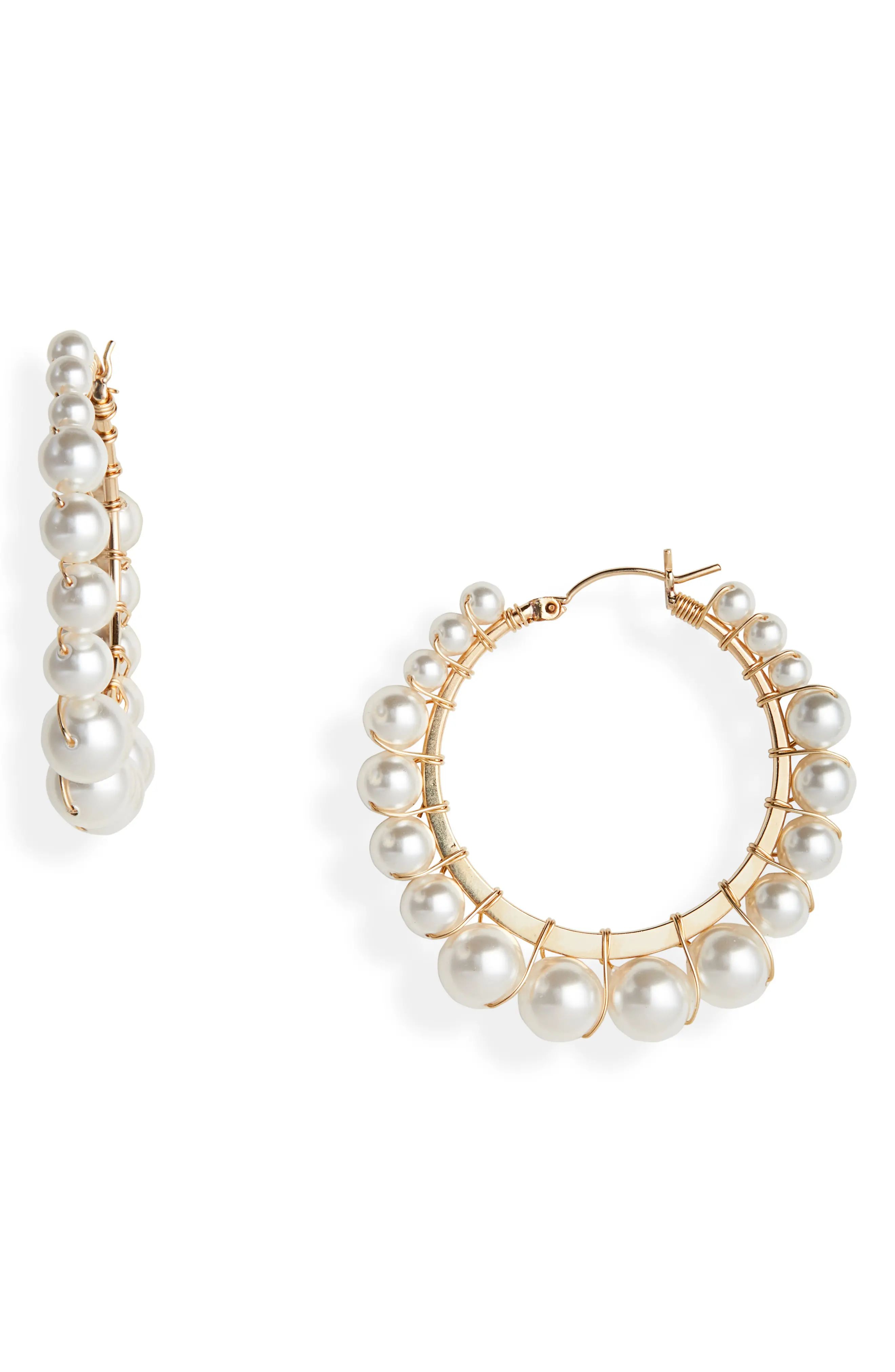 Women's Beck Jewels Small Bella Swarovski Imitation Pearl Hoop Earrings | Nordstrom