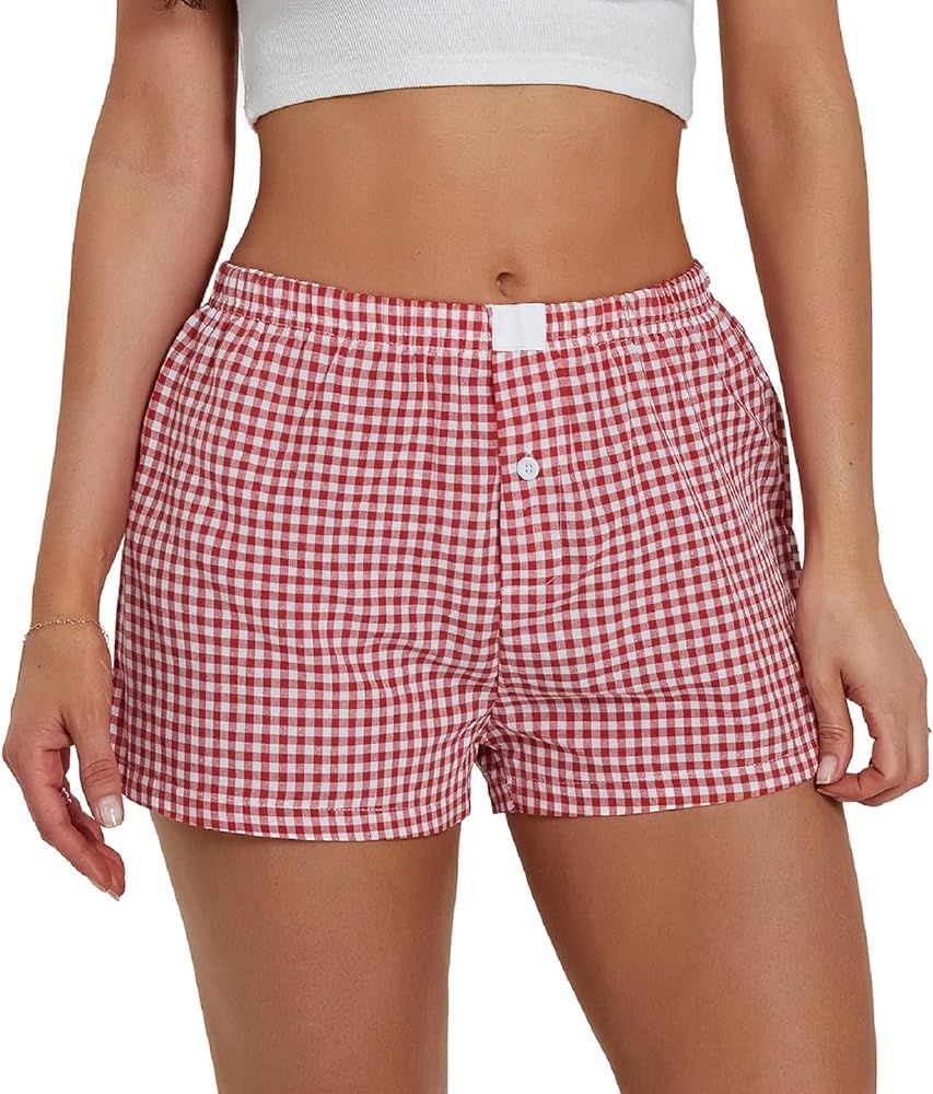 Women Y2k Plaid Shorts Elastic Waisted Gingham Pajama Shorts Plaid Boxers Shorts Lounge Sleep Sho... | Amazon (US)