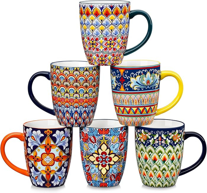 vancasso 16 oz Coffee Mugs Set of 6, Large Ceramic Mug with Handle, Boho Coffee Cups for Latte, C... | Amazon (US)