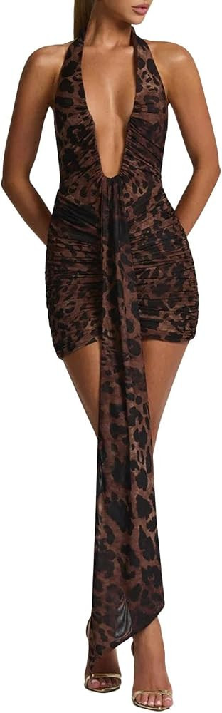 ABYOVRT Women Deep V Neck Ruched Mini Dresses Backless Halter Dress Party Club Night | Amazon (US)
