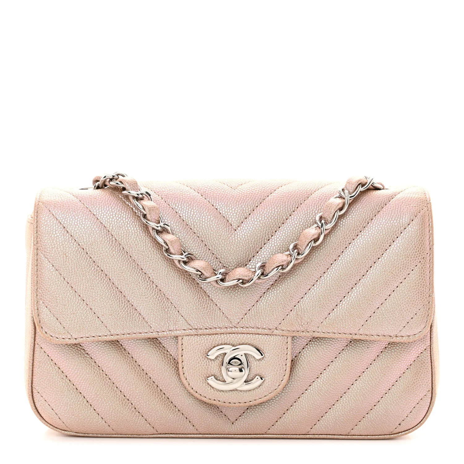 Iridescent Caviar Chevron Quilted Mini Rectangular Flap Light Gold | FASHIONPHILE (US)