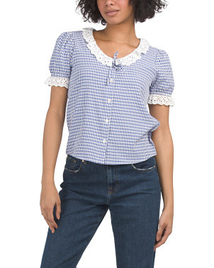 Gingham Print Eyelet Trim Blouse | Short Sleeve Tops | Marshalls | Marshalls