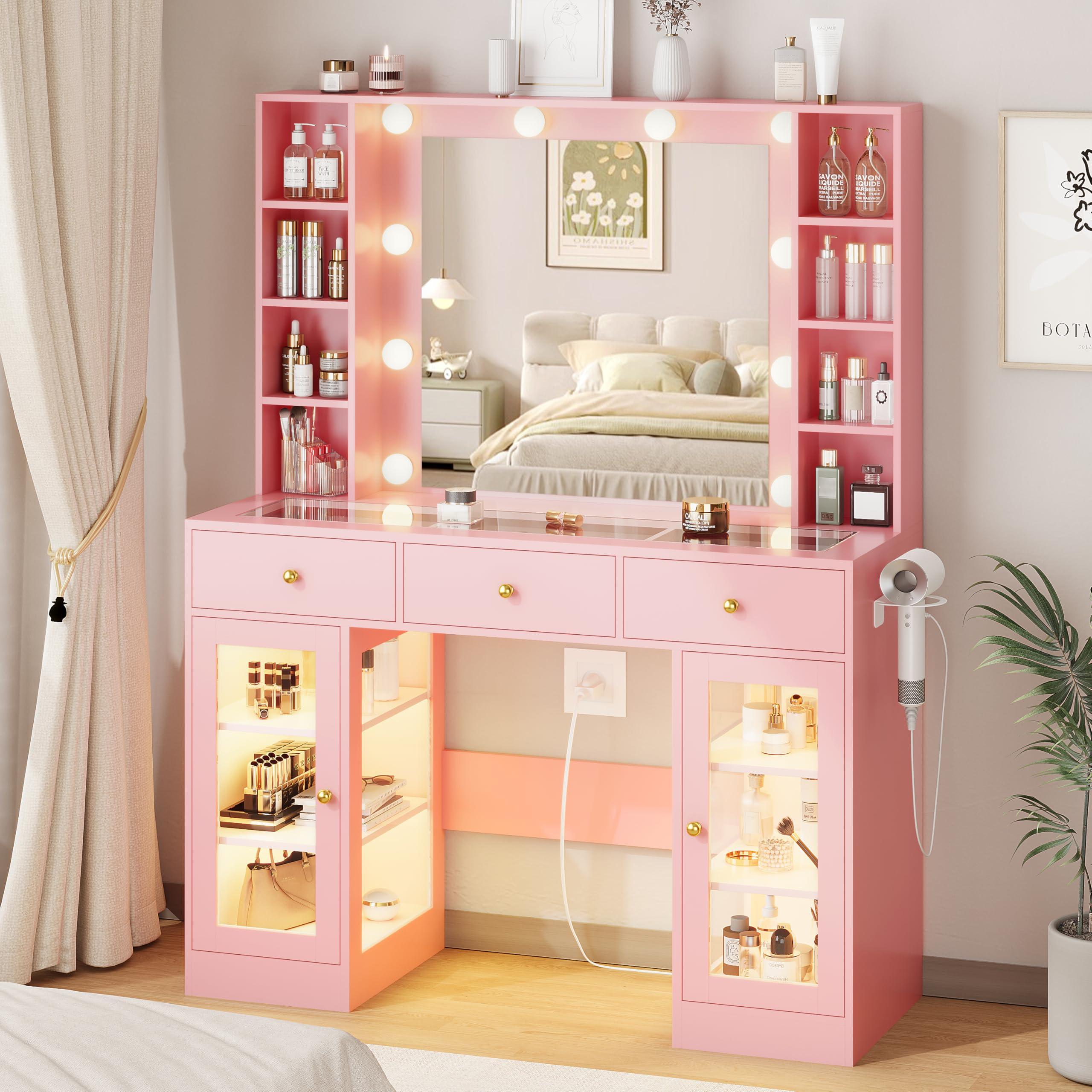 Amazon.com: HUANLEGO Pink Vanity Desk with Mirror and Lights, Glass Top Vanity with Lighted Mirro... | Amazon (US)