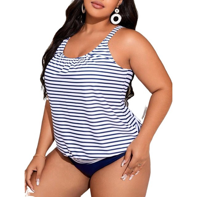 Striped Scoop Neck Blue and White Plus Size Tankinis (Women's Plus) | Walmart (US)