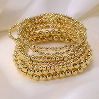 7pcs New Fashion Women Bracelet Set, Handmade Beaded Bracelet With CCB Gold Beads And Elastic Cor... | SHEIN