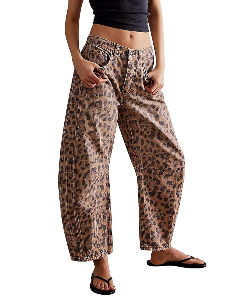 Kedera Women's Baggy Barrel Jeans Casual Boyfriend Mid Rise Leopard Printed Wide Leg Denim Ankle ... | Amazon (US)
