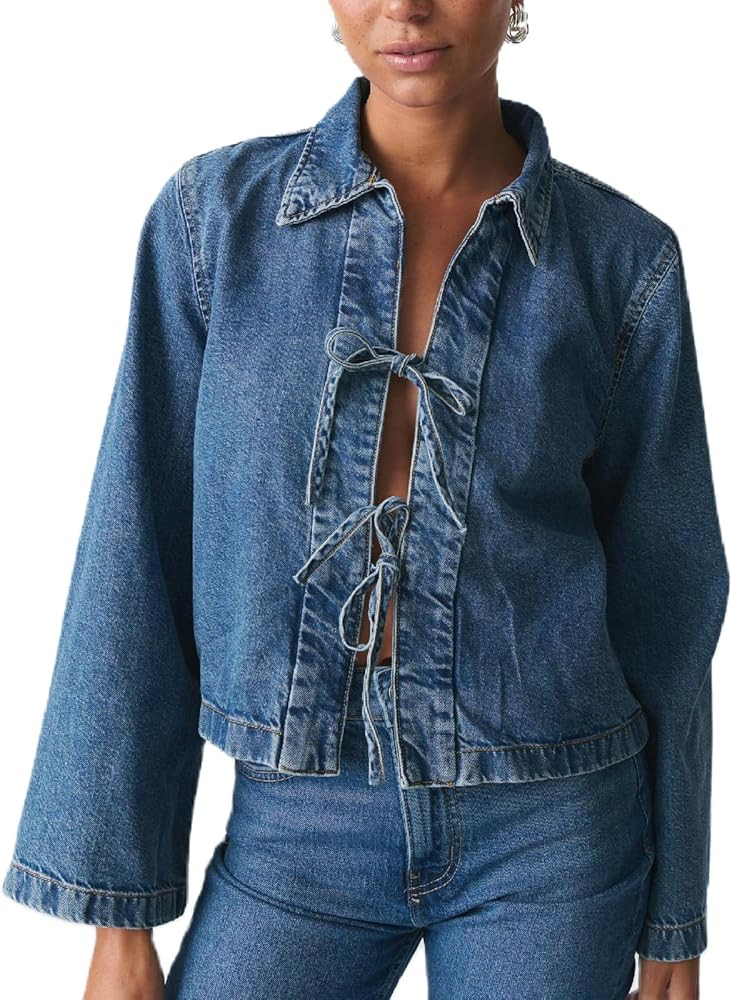 Women Fashion Cropped Denim Jacket Tie Front Lapel Neck Long Sleeve Jean Coat Lightweight Shacket... | Amazon (US)