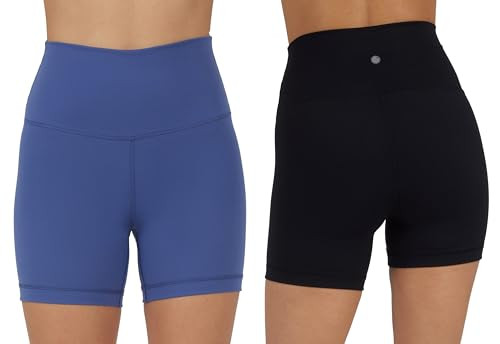 Yogalicious Lux High Waist Squat Proof Biker Short - 2 Pack 5", 7" - Gray Blue/Black 5" Elastic Free - XL | Amazon (US)