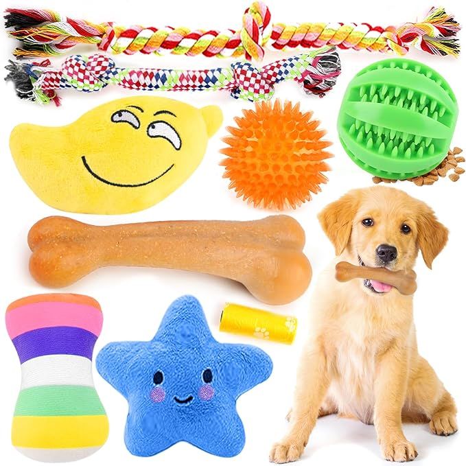 9 Pack Dog Toys, Luxury Puppy Chew Toys for Teething, Cotton Squeaky Plush Toys for Small Dogs, D... | Amazon (US)